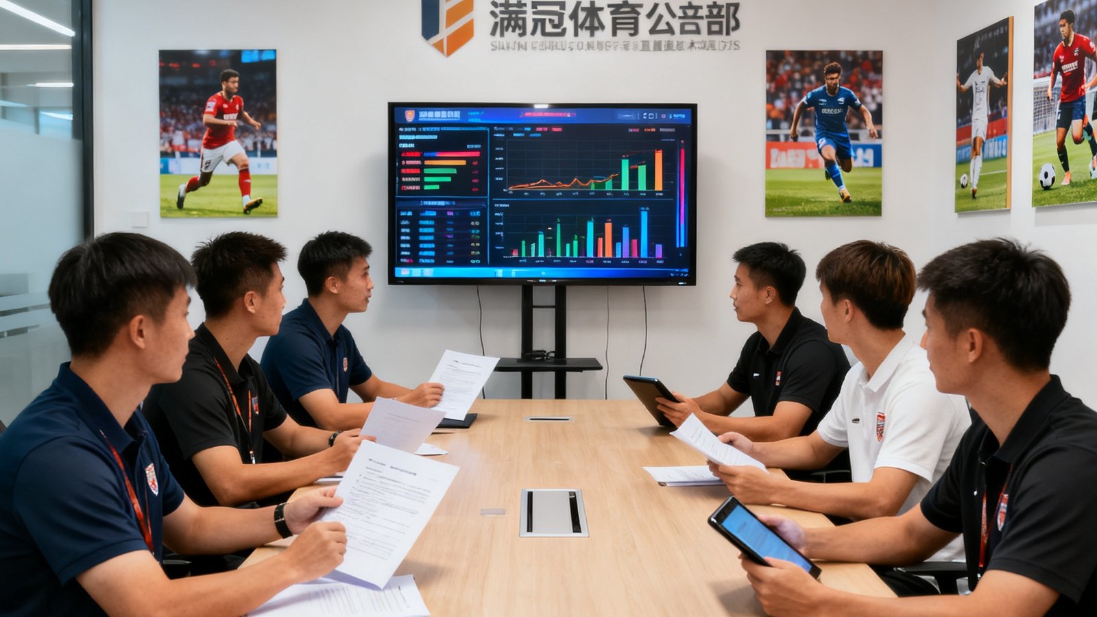 满冠体育总部办公室，团队正在讨论体育数据与直播技术方案